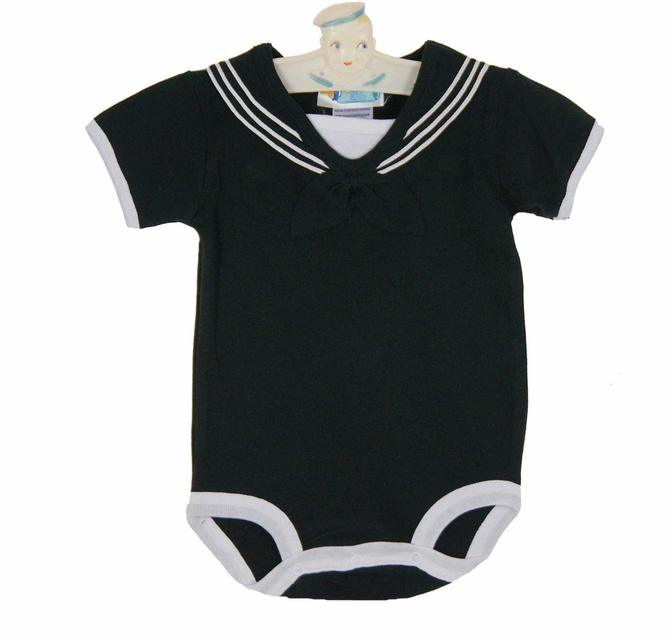 black cotton knit sailor romper with white trim,black cotton