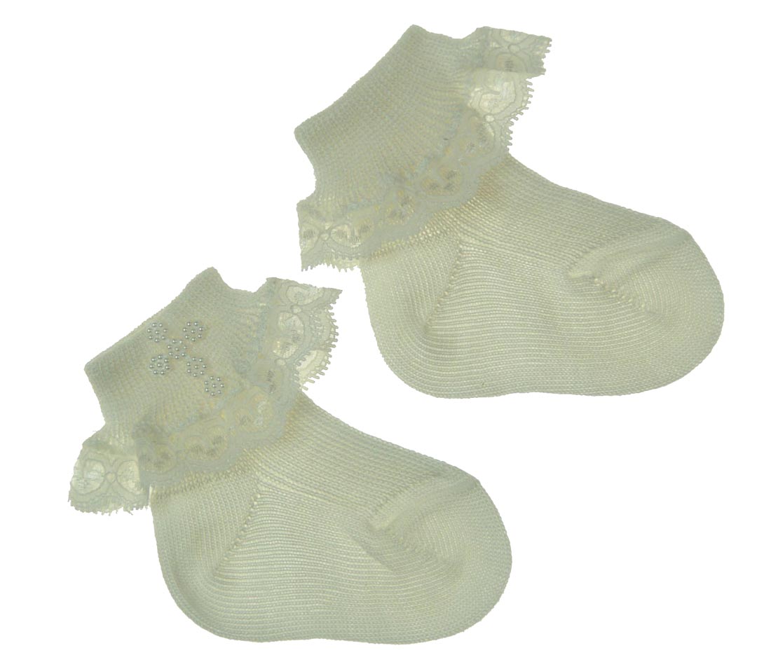 NEW Carlino Ivory Christening Socks with Lace Trim and Pearl Cross