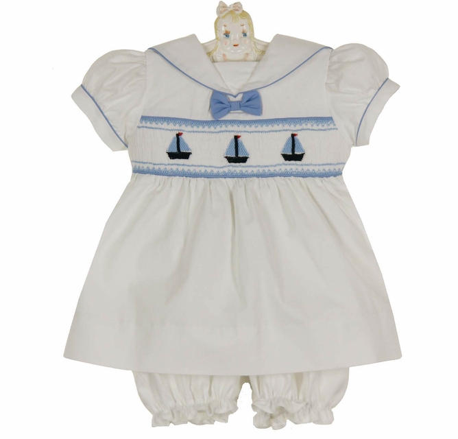 NEW Carriage Boutiques White Cotton Smocked Baby Dress with Embroidered Boats NEW Carriage Boutiques White Cotton Smocked Baby Dress with Embroidered Boats
