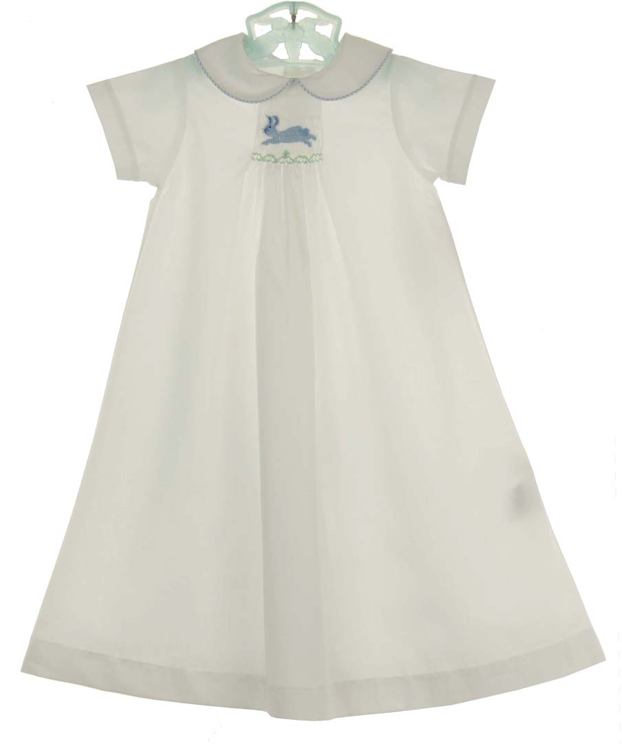 Bailey Boys white smocked daygown,white smocked daygown with blue bunny