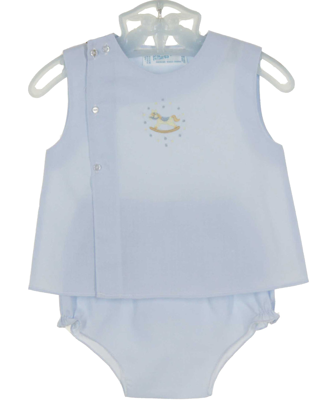 Feltman Brothers blue diaper set with embroidered rocking horse