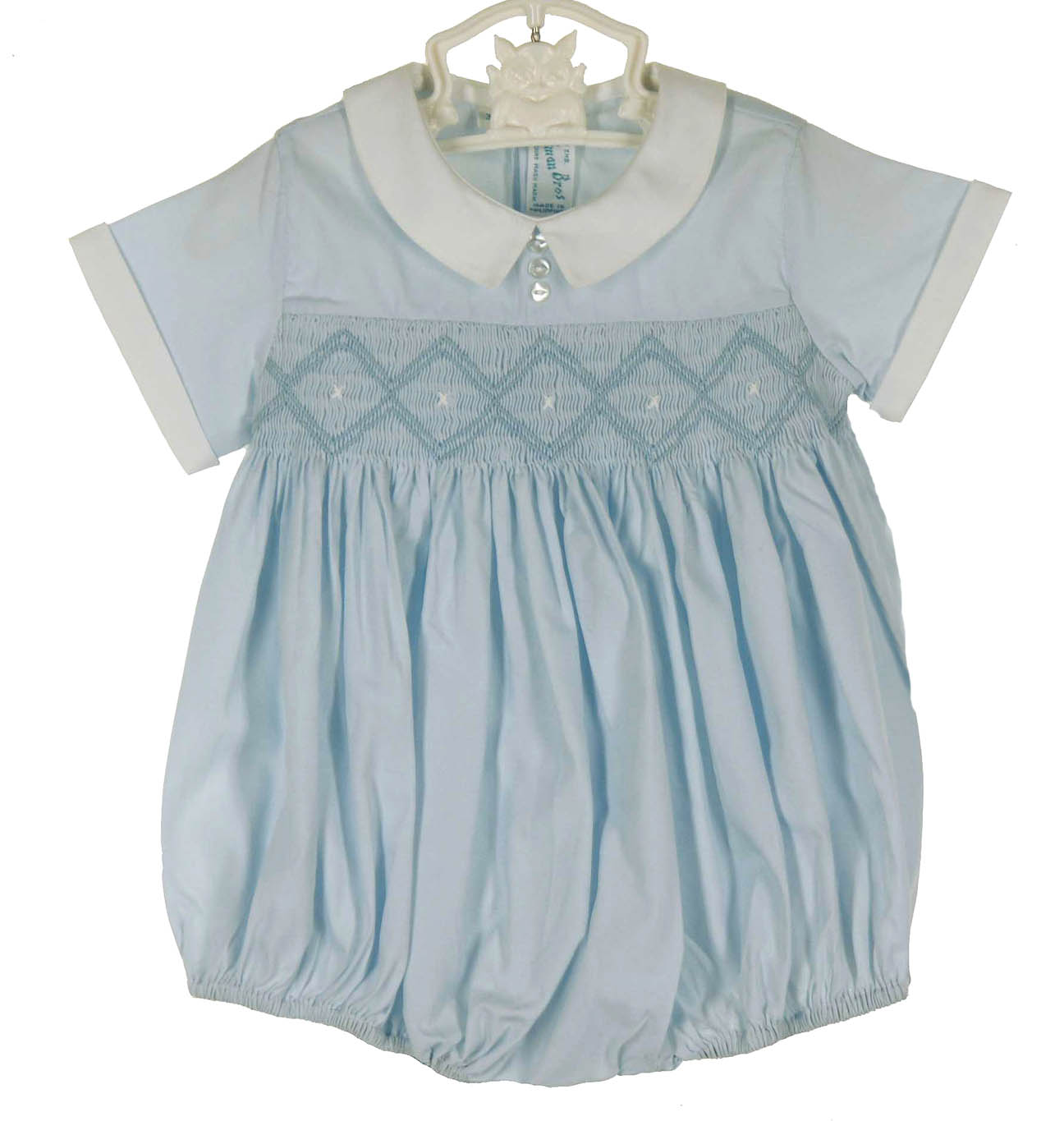 Feltman Brothers blue smocked romper with white collar and cuffs