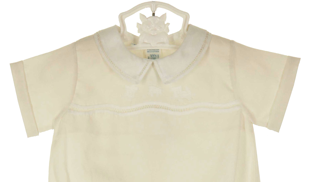 Feltman Brothers pale yellow romper with embroidered trains,Feltman