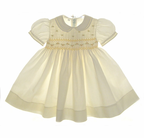 NEW Feltman Brothers Pale Yellow Smocked Baby Dress with Fagoted Collar