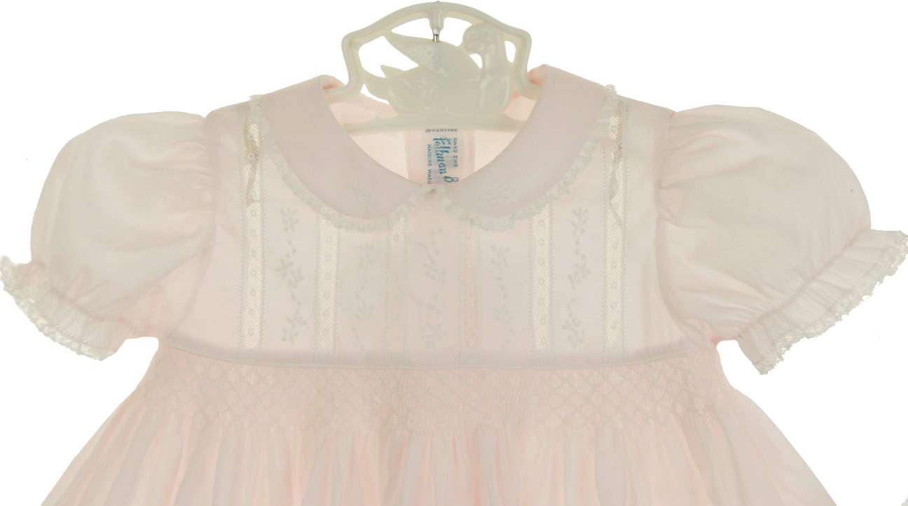 Feltman Brothers pink smocked dress with embroidery and lace insertion ...