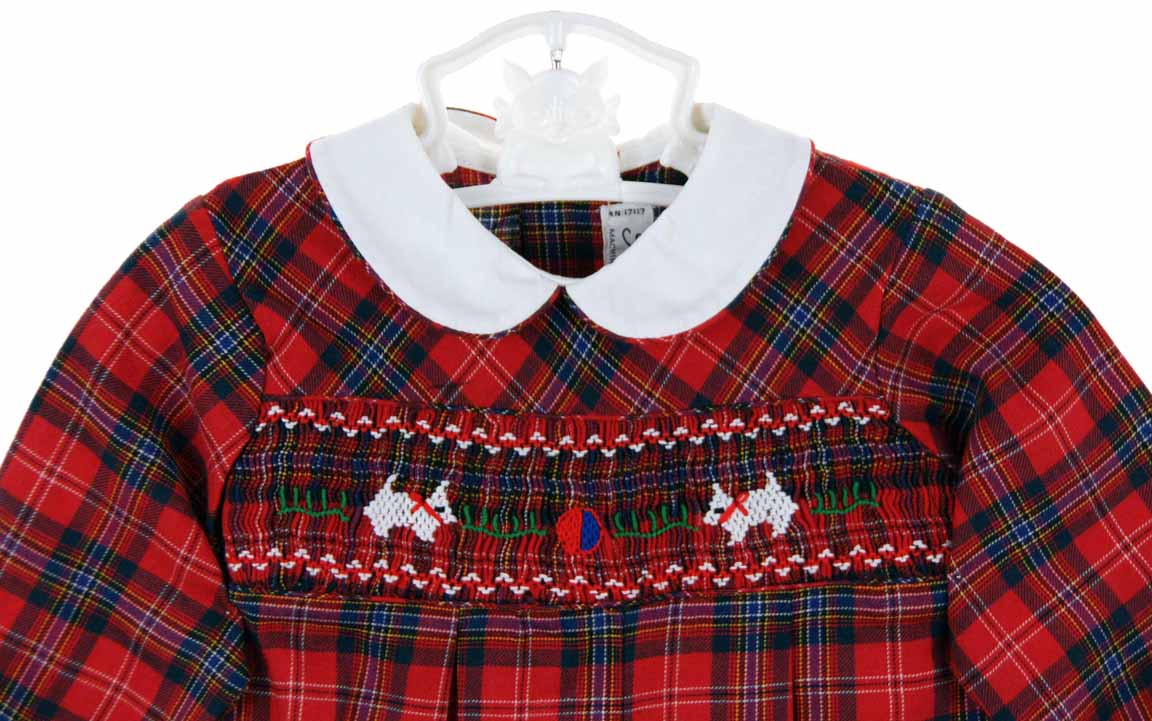 Feltman Brothers red plaid smocked romper,red plaid smocked romper with