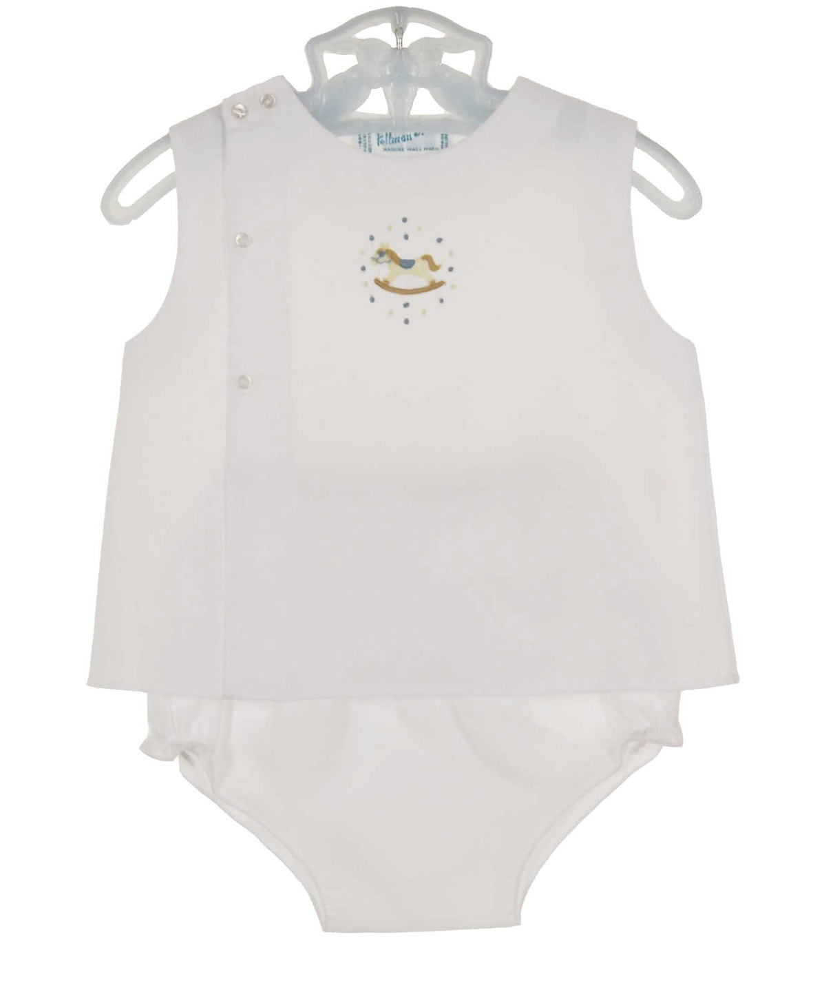 Feltman Brothers white diaper set with embroidered rocking horse