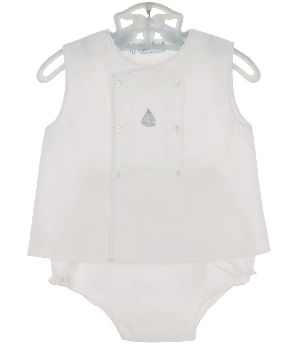 Feltman Brothers white diaper set with embroidered sailboat, Feltman