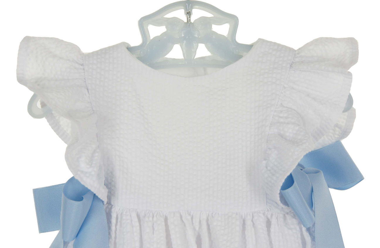 Funtasia white seersucker dress with blue ribbon ties,white and blue