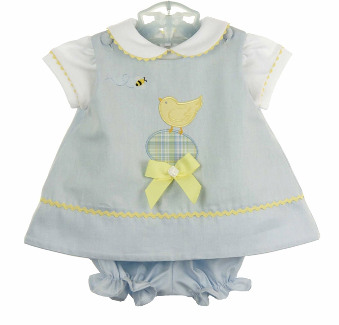 NEW Glorimont Reversible Pale Blue Cotton Oxford Dress and Pantaloon Set  with Chick Applique