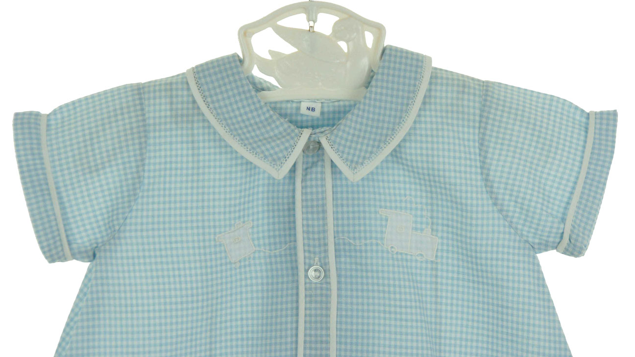 hand embroidered blue checked daygown with embroidered trains,blue checked baby boy gown,blue