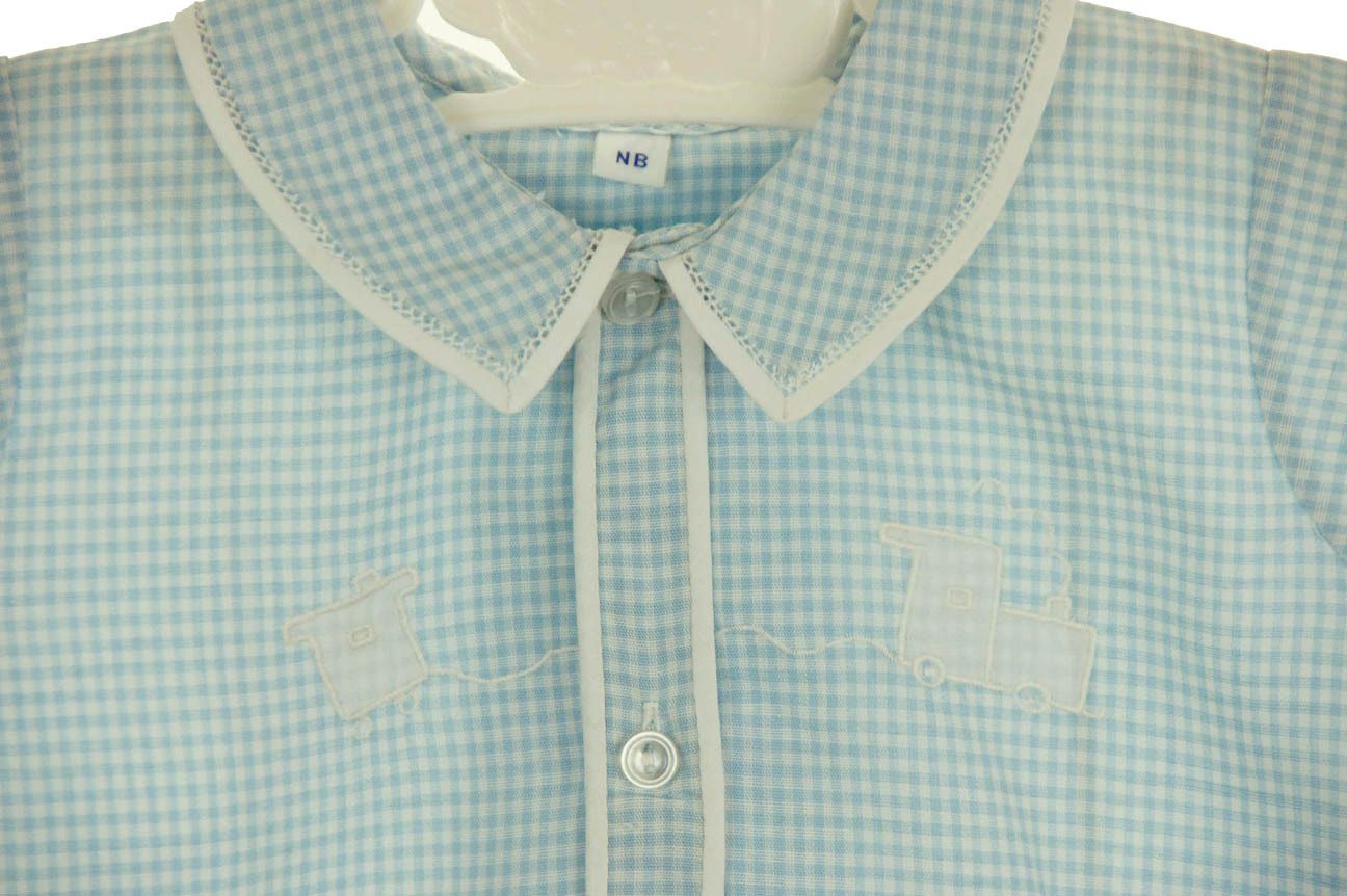 hand embroidered blue checked daygown with embroidered trains,blue