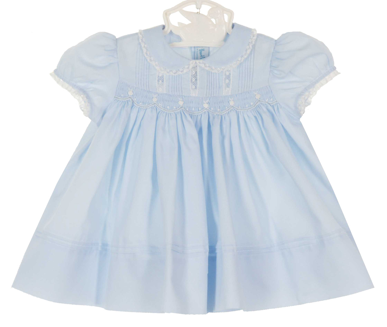 hand embroidered blue smocked dress with embroidery and lace insertion