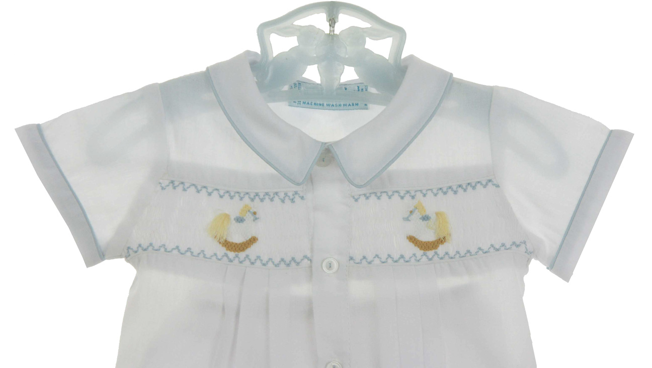 Hand Embroidered white smocked diaper set with rocking horse embroidery