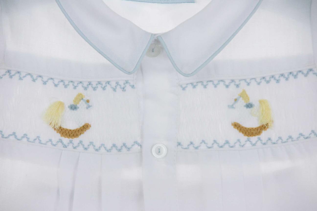 Hand Embroidered white smocked diaper set with rocking horse embroidery