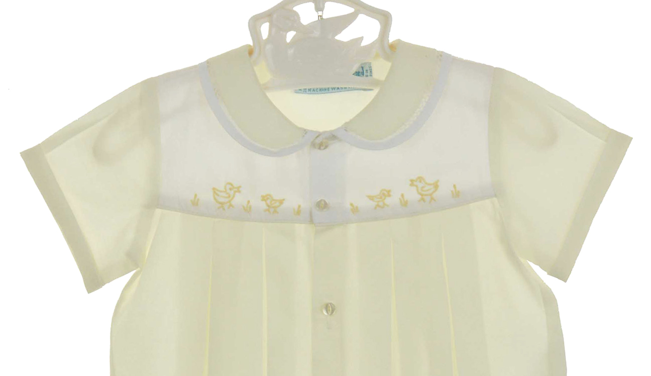 hand embroidered pale yellow romper with ducks,newborn yellow duck