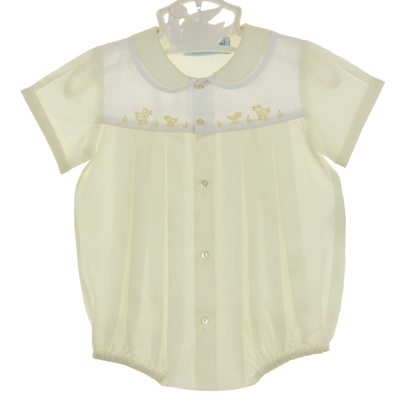 hand embroidered pale yellow romper with ducks,newborn yellow duck