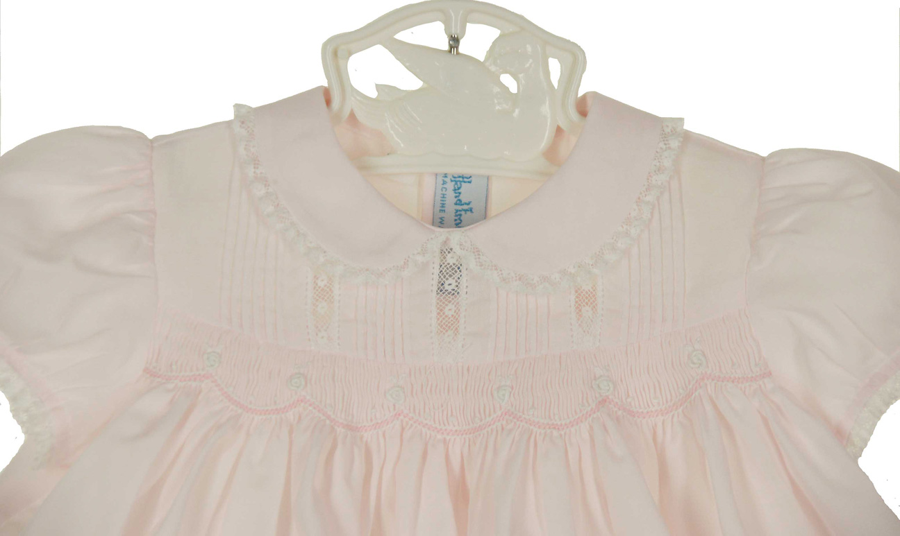 NEW Hand Embroidered Pink Smocked Dress with Pintucks, Lace insertion