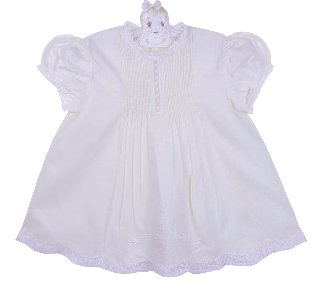 hand embroidered white dress with pintucks and lace,hand embroidered