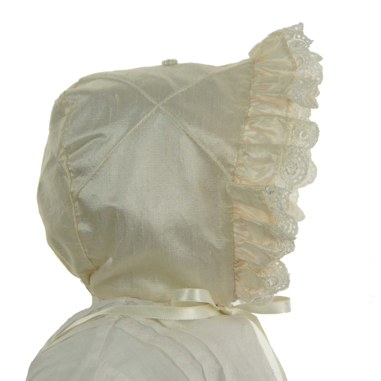 Hearts Delight ivory silk with white lace trim,ivory silk baby