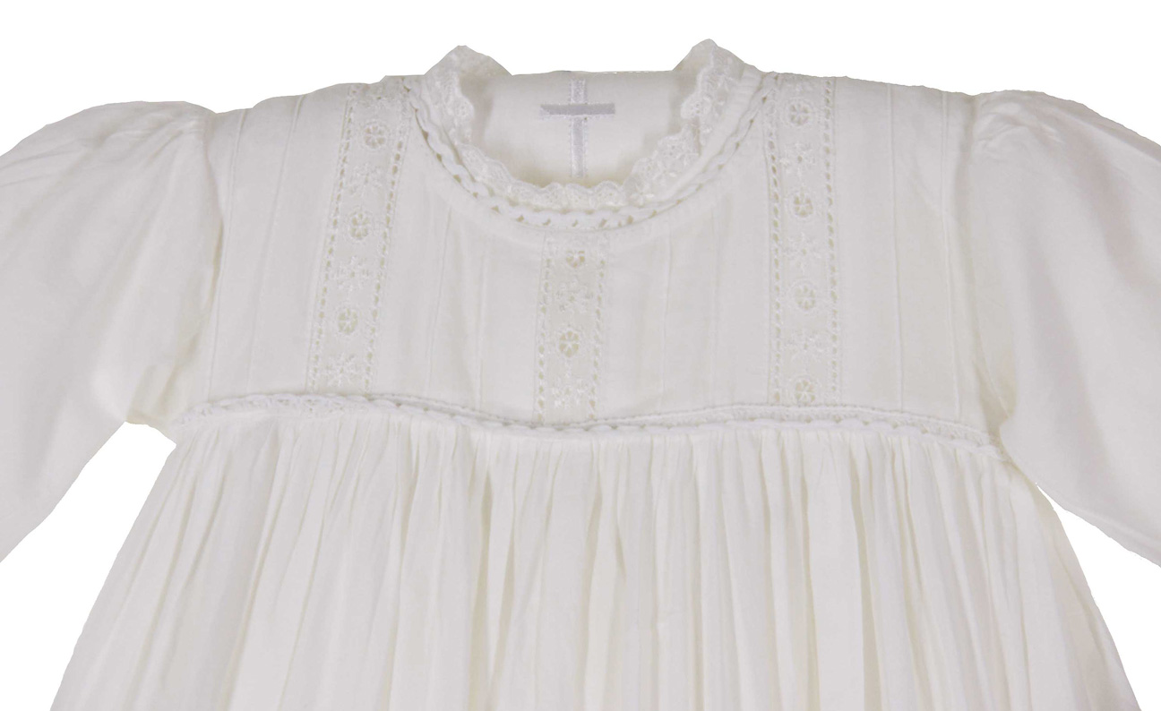 Hearts Delight christening gown with lace insertion and embrioidery