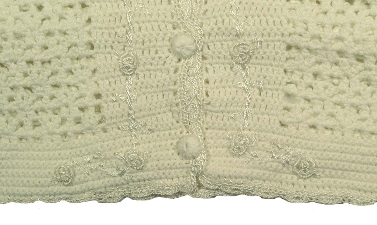 ivory crocheted baby sweater and hat set with rosebud trim,baby girls