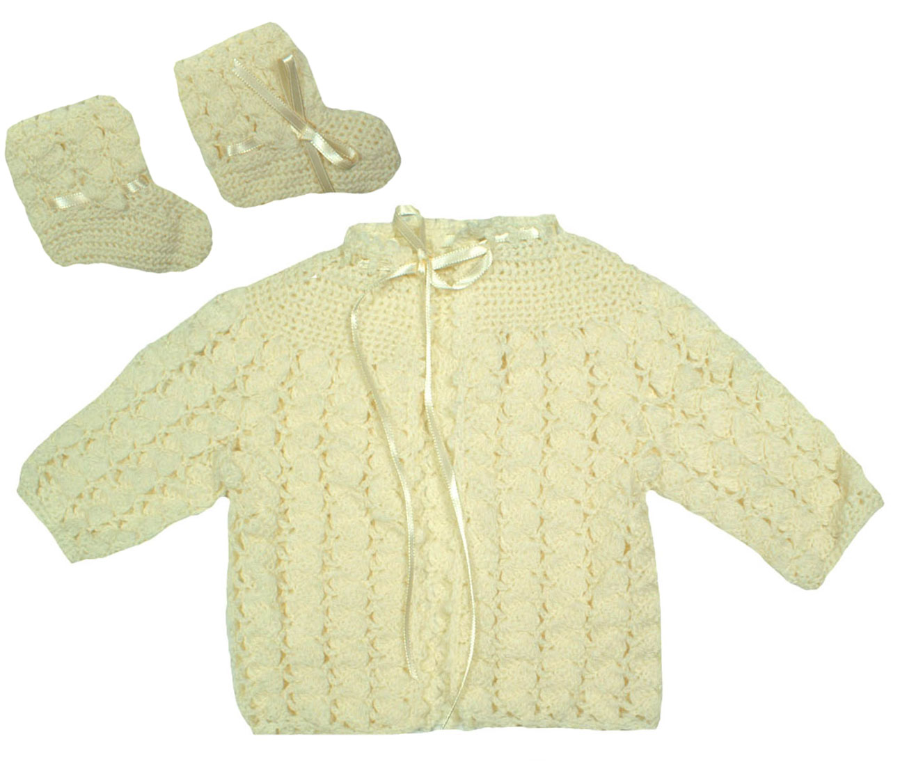 cream crocheted sweater with matching booties,baby girls cream