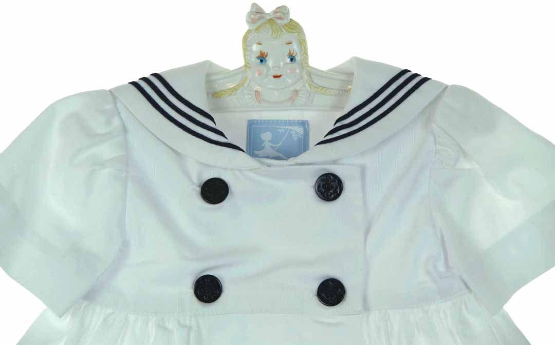 White Girl Sailor Dress With Navy Blue Stripes - Nautical Costume For Toddlers Age 2