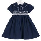 NEW Le' Za Me Navy Pique Smocked Dress with White Embroidery