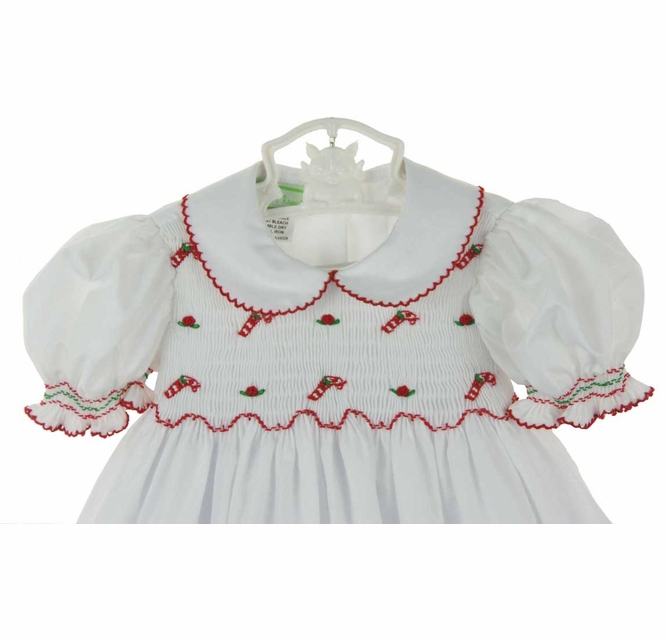 Little Threads white smocked dress with embroidered candy canes,white  Christmas dress with candy cane embroidery,white smocked Christmas dress  for baby girls,white smocked Christmas dress for toddler girls,white  smocked Christmas dress for little