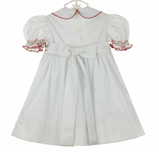 Little Threads white smocked dress with embroidered candy canes,white  Christmas dress with candy cane embroidery,white smocked Christmas dress  for baby girls,white smocked Christmas dress for toddler girls,white  smocked Christmas dress for little