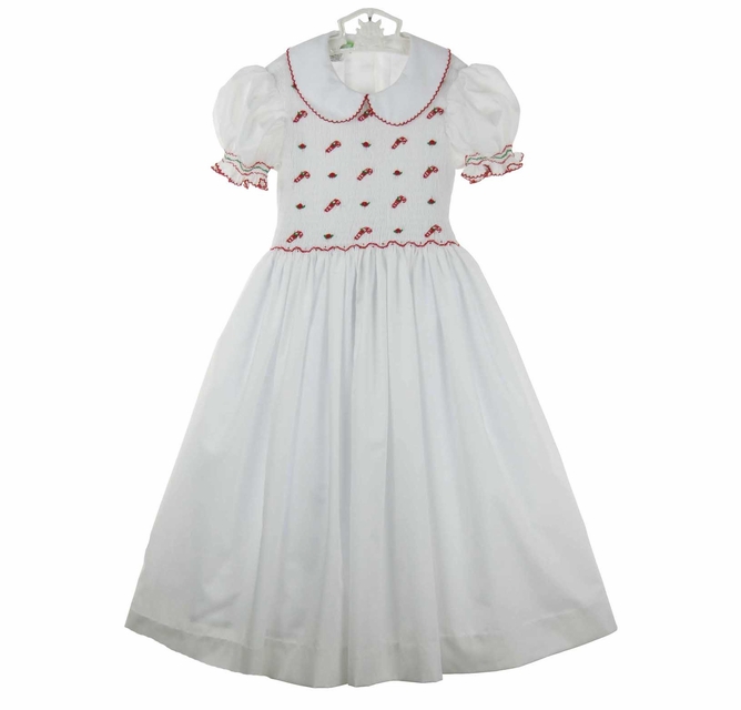 Little Threads white smocked dress with embroidered candy canes,white  Christmas dress with candy cane embroidery,white smocked Christmas dress  for baby girls,white smocked Christmas dress for toddler girls,white  smocked Christmas dress for little