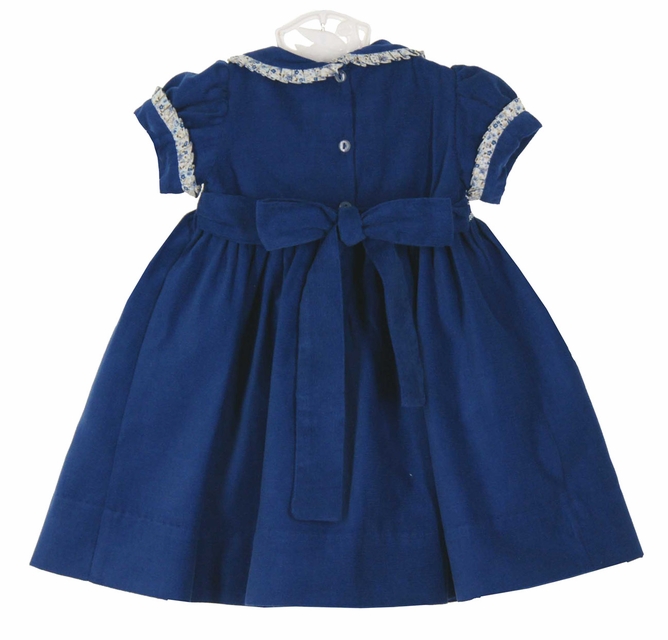 NEW Marco & Lizzy Royal Blue Smocked Corduroy Dress with Floral Pleated Trim