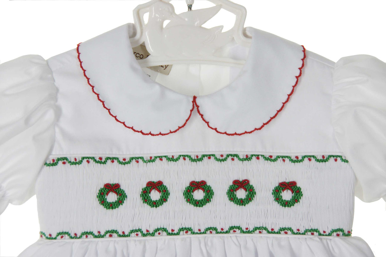 Marco& Lizzy white smocked dress with embroidered wreaths,white smocked