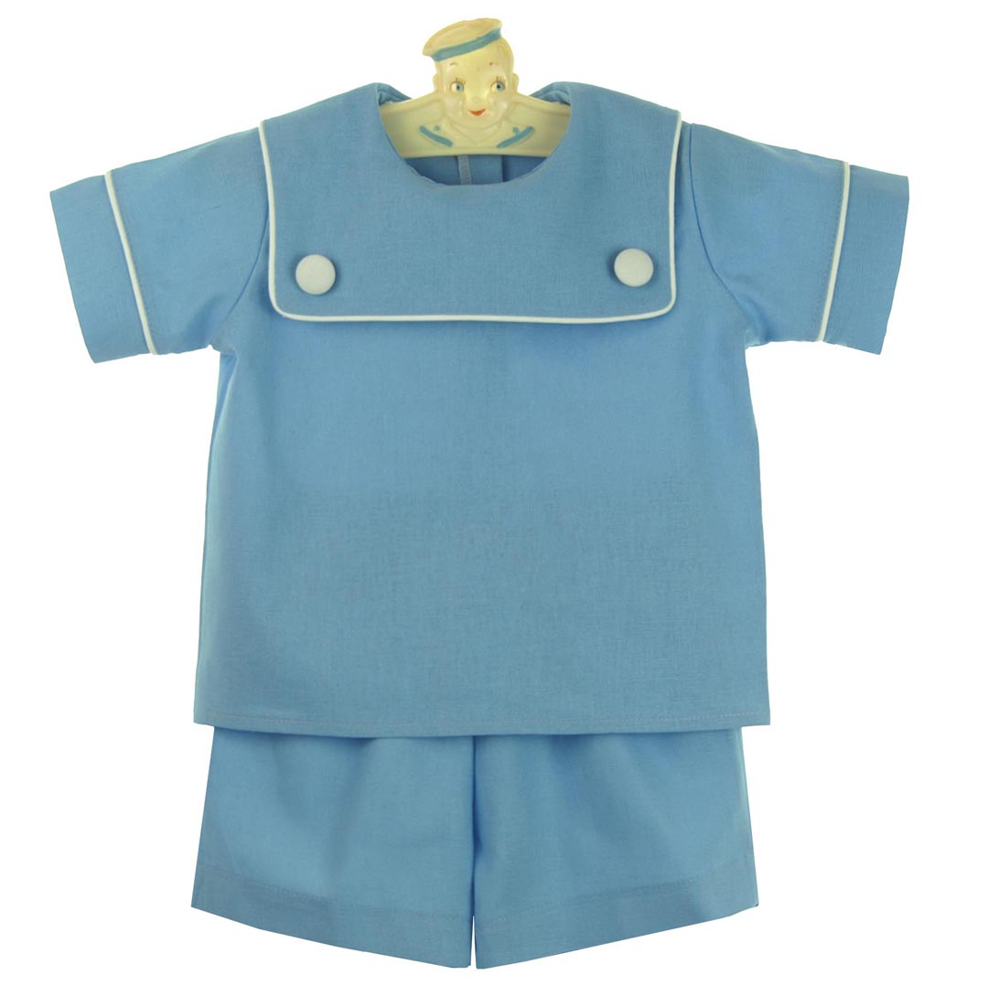 NEW Mulberry Street Blue Linen Shorts Set with White Trimmed Collar