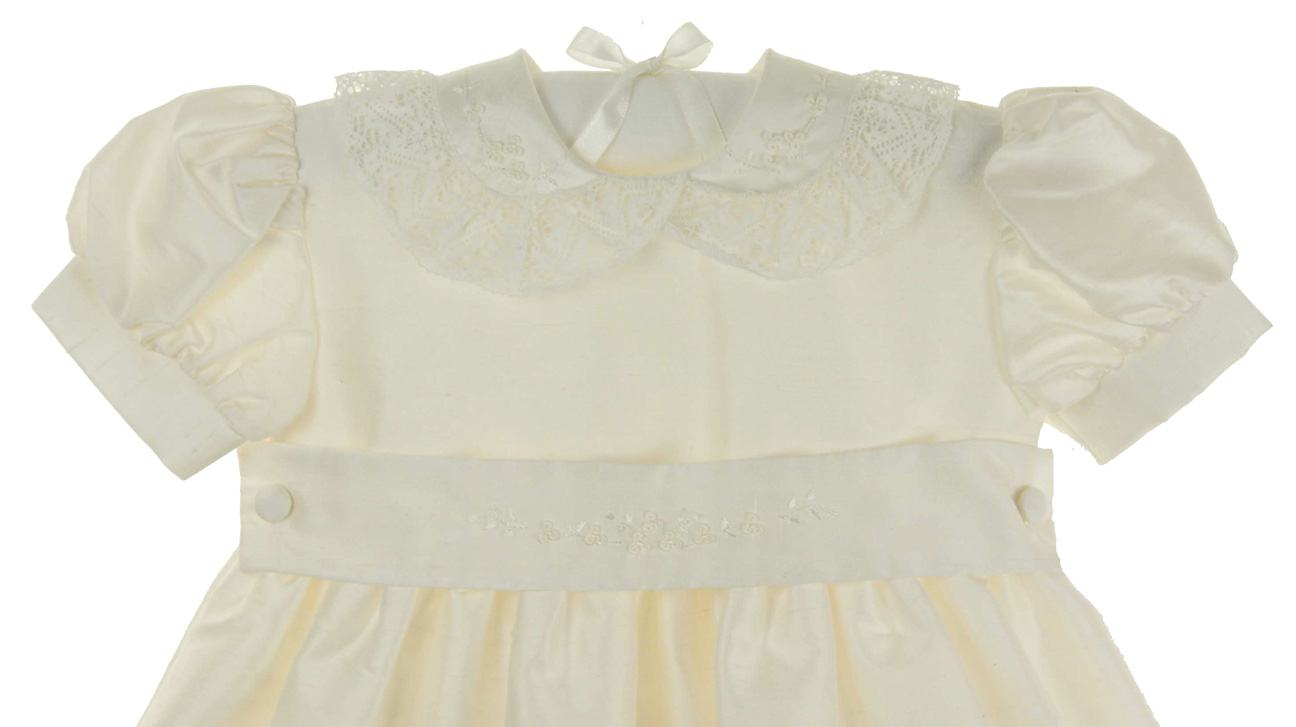 pearl white silk baby dress with lace and embroidery,pearl white silk embroidered dress for baby