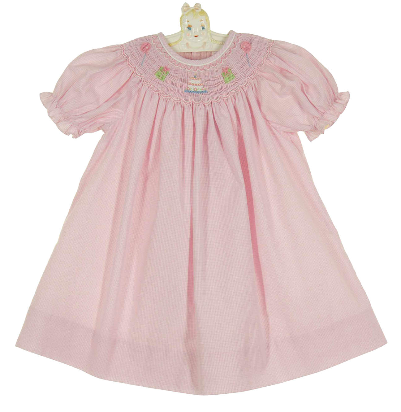 Petit Bebe Girls Pink Gingham Smocked Birthday Cupcakes Dress - Side Bows main image 1