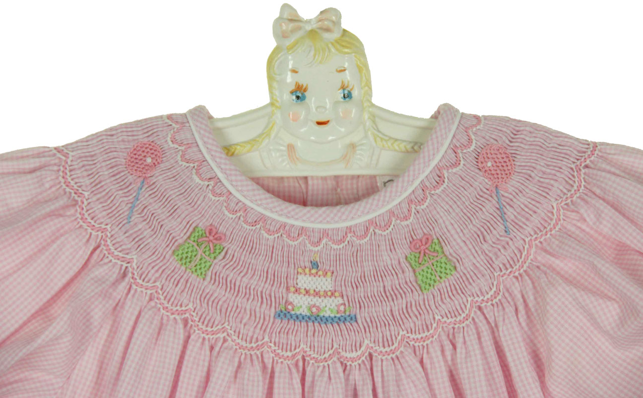 Petit Bebe Girls Pink Gingham Smocked Birthday Cupcakes Dress - Side Bows