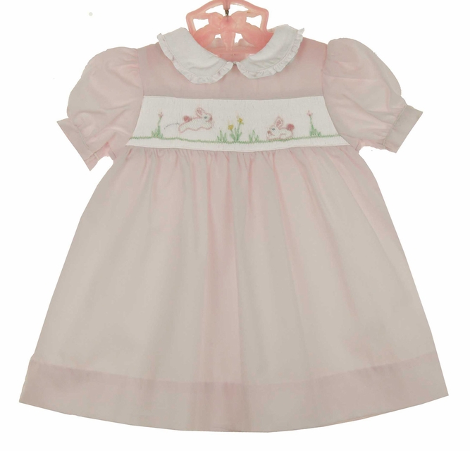 Petit Ami pink smocked dress with embroidered bunnies,pink smocked dress  with bunny embroidery,pink smocked dress with embroidered bunnies,baby  girls pink smocked Easter dress,pink smocked Easter dress for baby girl,Easter  dress for baby