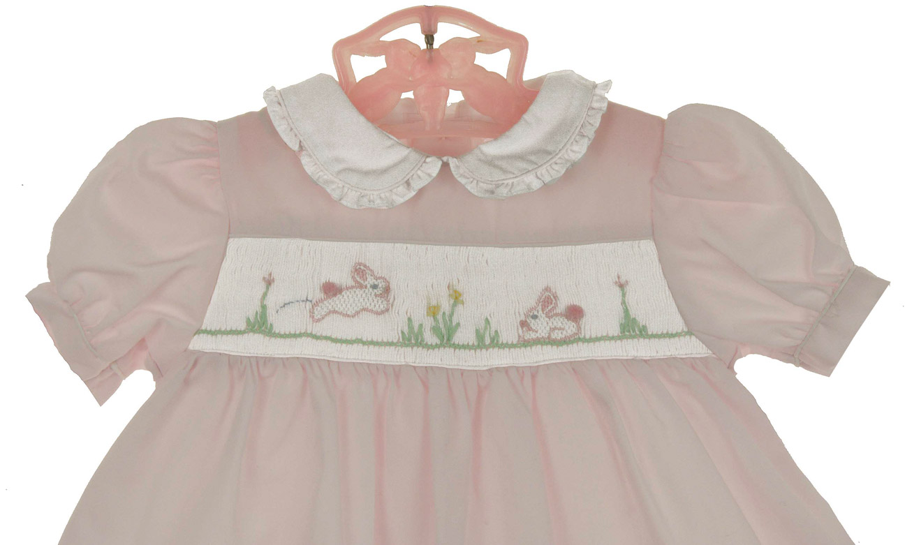 Petit Ami Hand Embroidered Pink Girls Smocked Bubble with Bonnet