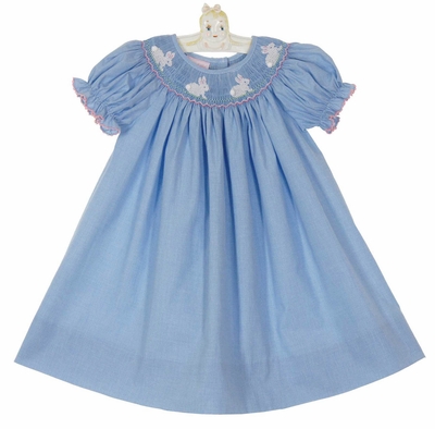 Petit Bebe Girls Blue Check Bishop Dress - Smocked Farm Scene main image 1