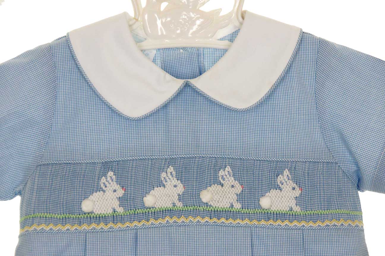 Anavini Couture Baby Girls Blue and Orange Print Smocked Romper with Ruffle Collar main image 0