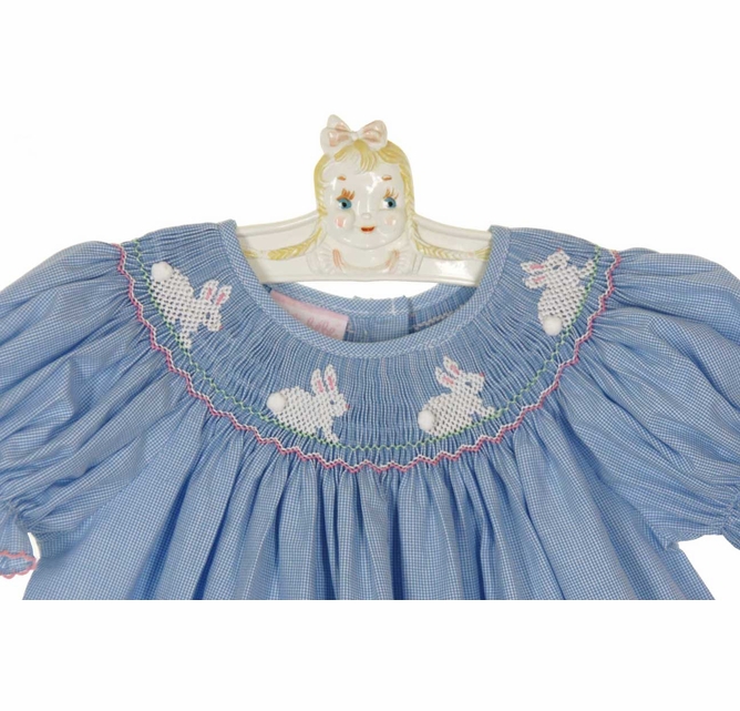 Petit Bebe by Anavini blue checked bishop smocked dress with bunnies