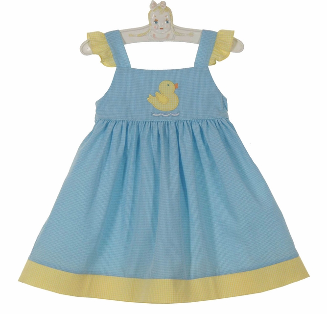 NEW Petit Bebe by Anavini Blue Checked Sundress with Yellow Checked Trim  and Duck Applique