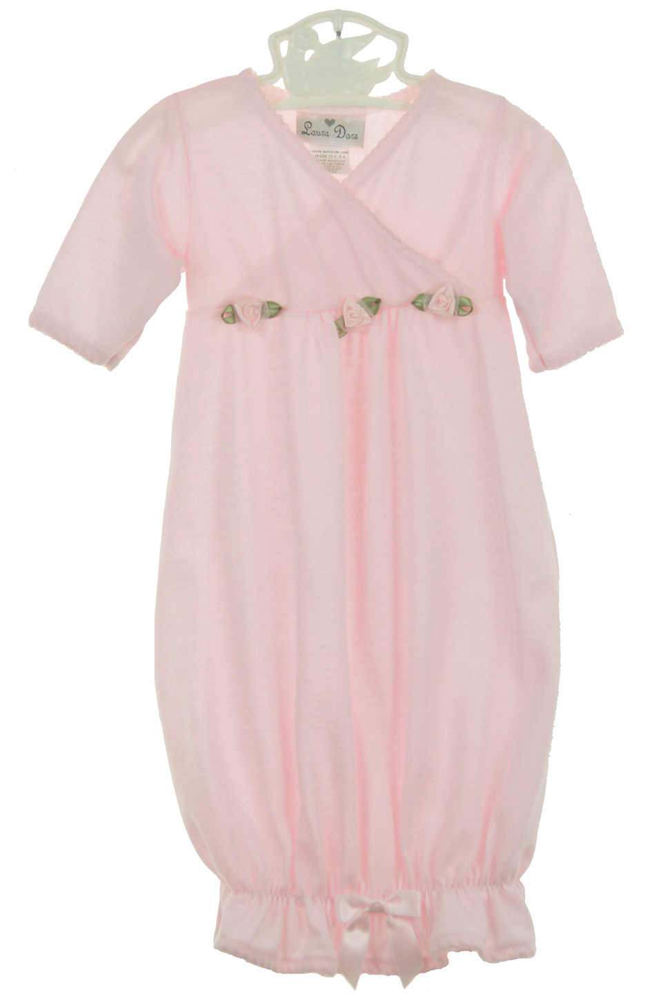 pink knit newborn gown and hat set with pink ribbon rosebuds,pink knit