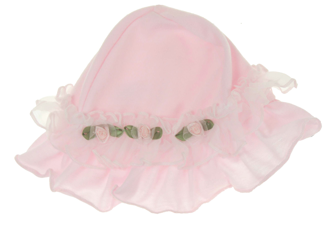 pink knit newborn gown and hat set with pink ribbon rosebuds,pink knit