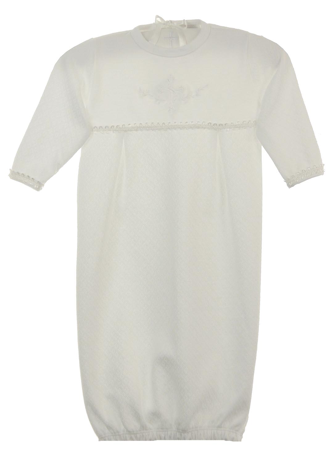 white cotton knit gown with cross, white knit gown and hat set,gender