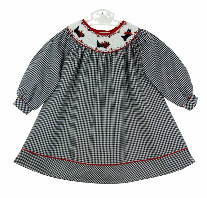 Rare Editions black checked bishop smocked dress with embroidered Scotty  dogs,baby girls black checked bishop smocked dress with Scotty dogs,toddler girls  black checked bishop smocked dress,girls black checked bishop smocked dress