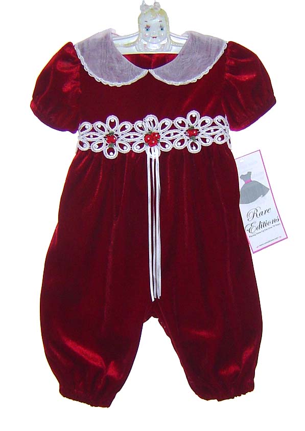 Combinaison Soirée Bébé Rare Editions Velours Rouge - Taille 9 Mois - Col Blanc - Manches Longues