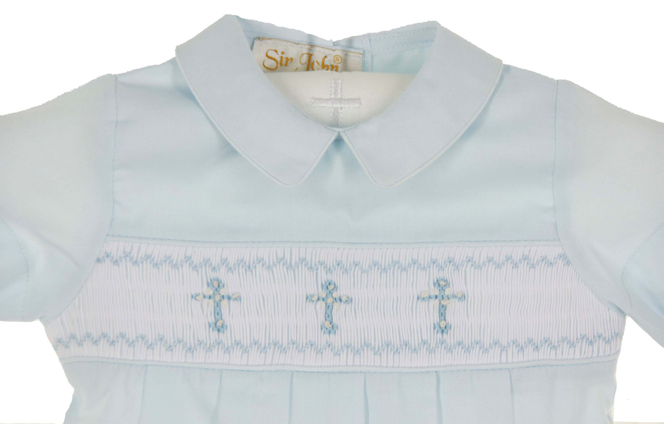 Rosalina blue smocked romper with cross embroidery,blue smocked romper